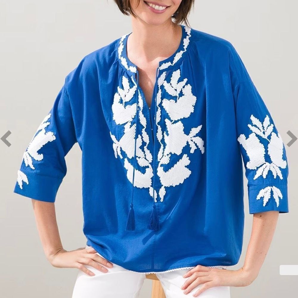 Chicos Tie‎ Neck embroidered Peasant Top Blouse Size 1 Medium 8/10 blue boho